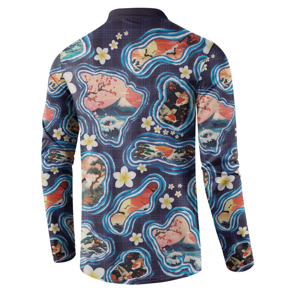 Hawaii Islands Map Design with Japanese Landscape Button Sweatshirt Hawaiian Japan Fusion Art Navy Color