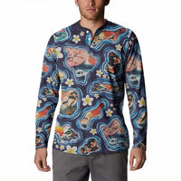 Hawaii Islands Map Design with Japanese Landscape Button Sweatshirt Hawaiian Japan Fusion Art Navy Color