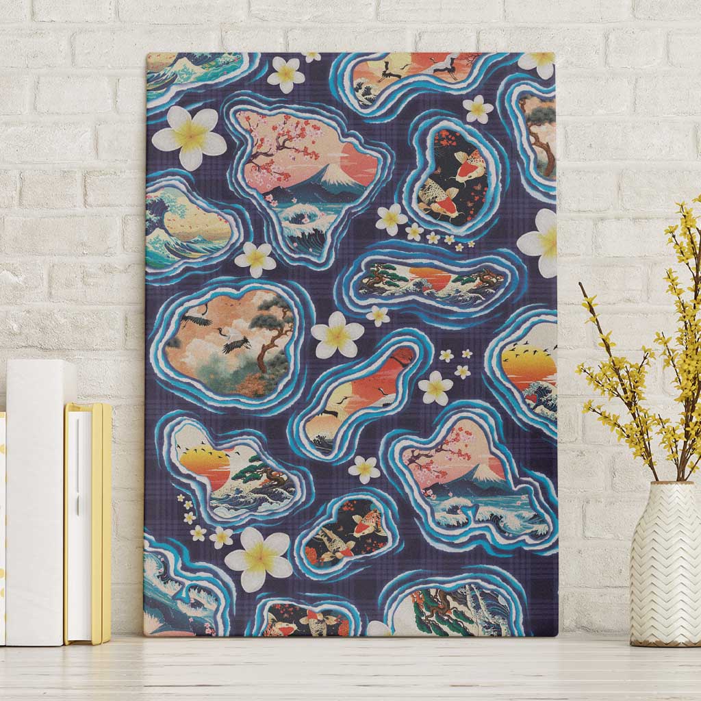 Hawaii Islands Map Design with Japanese Landscape Canvas Wall Art Hawaiian Japan Fusion Art Navy Color