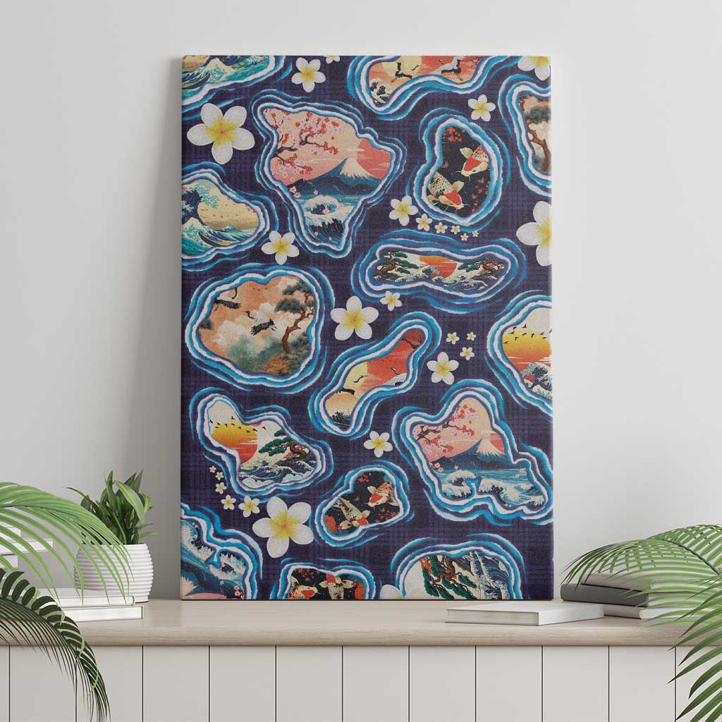 Hawaii Islands Map Design with Japanese Landscape Canvas Wall Art Hawaiian Japan Fusion Art Navy Color