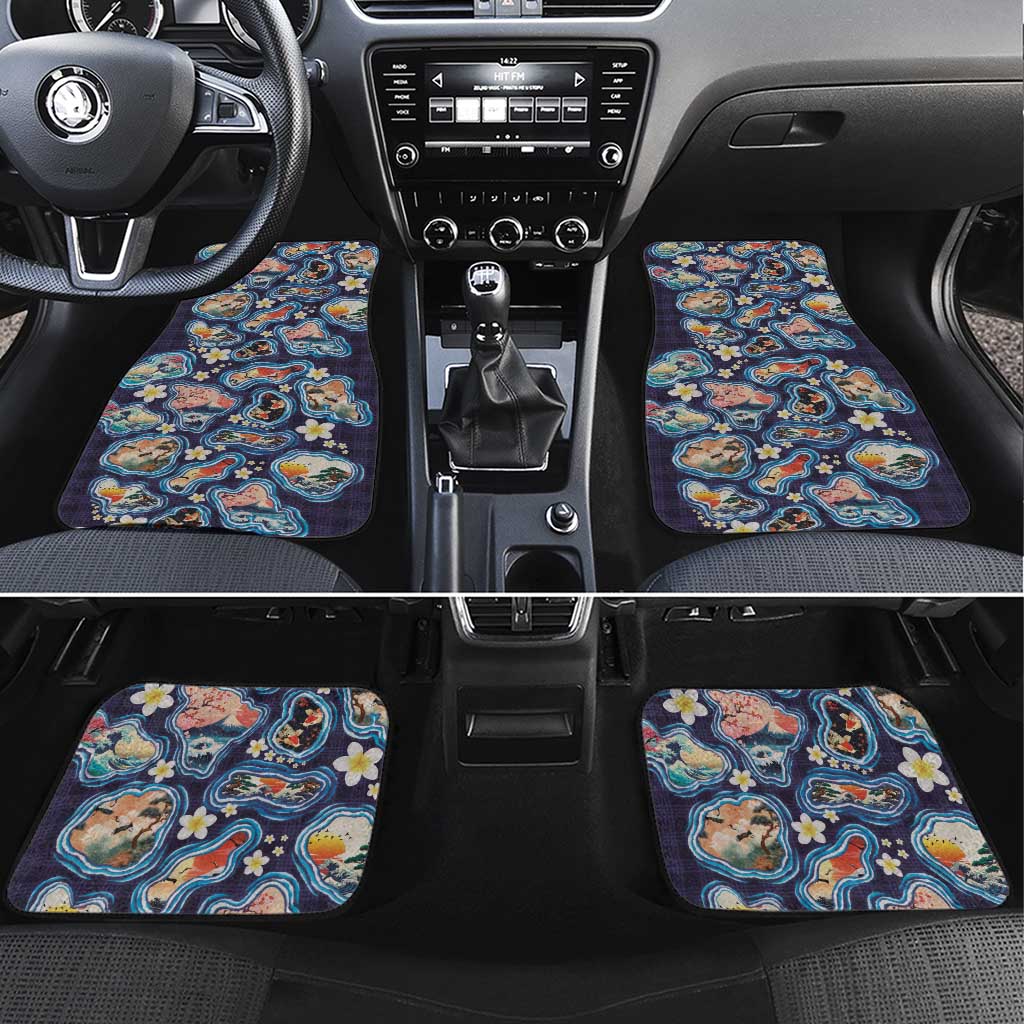 Hawaii Islands Map Design with Japanese Landscape Car Mats Hawaiian Japan Fusion Art Navy Color