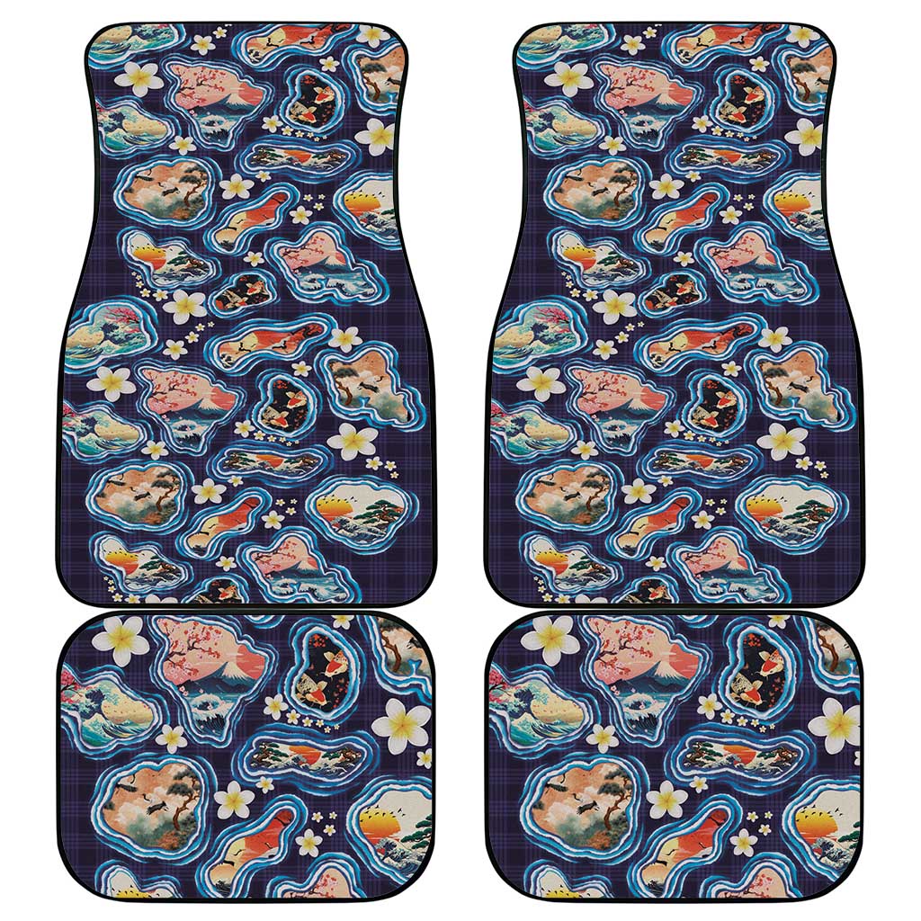 Hawaii Islands Map Design with Japanese Landscape Car Mats Hawaiian Japan Fusion Art Navy Color