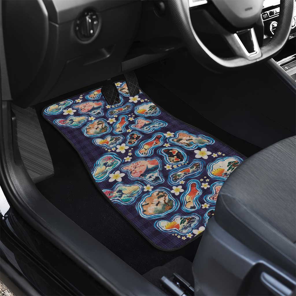 Hawaii Islands Map Design with Japanese Landscape Car Mats Hawaiian Japan Fusion Art Navy Color
