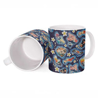 Hawaii Islands Map Design with Japanese Landscape Ceramic Mug Hawaiian Japan Fusion Art Navy Color