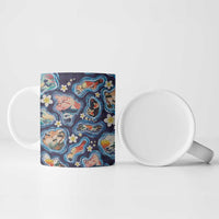 Hawaii Islands Map Design with Japanese Landscape Ceramic Mug Hawaiian Japan Fusion Art Navy Color