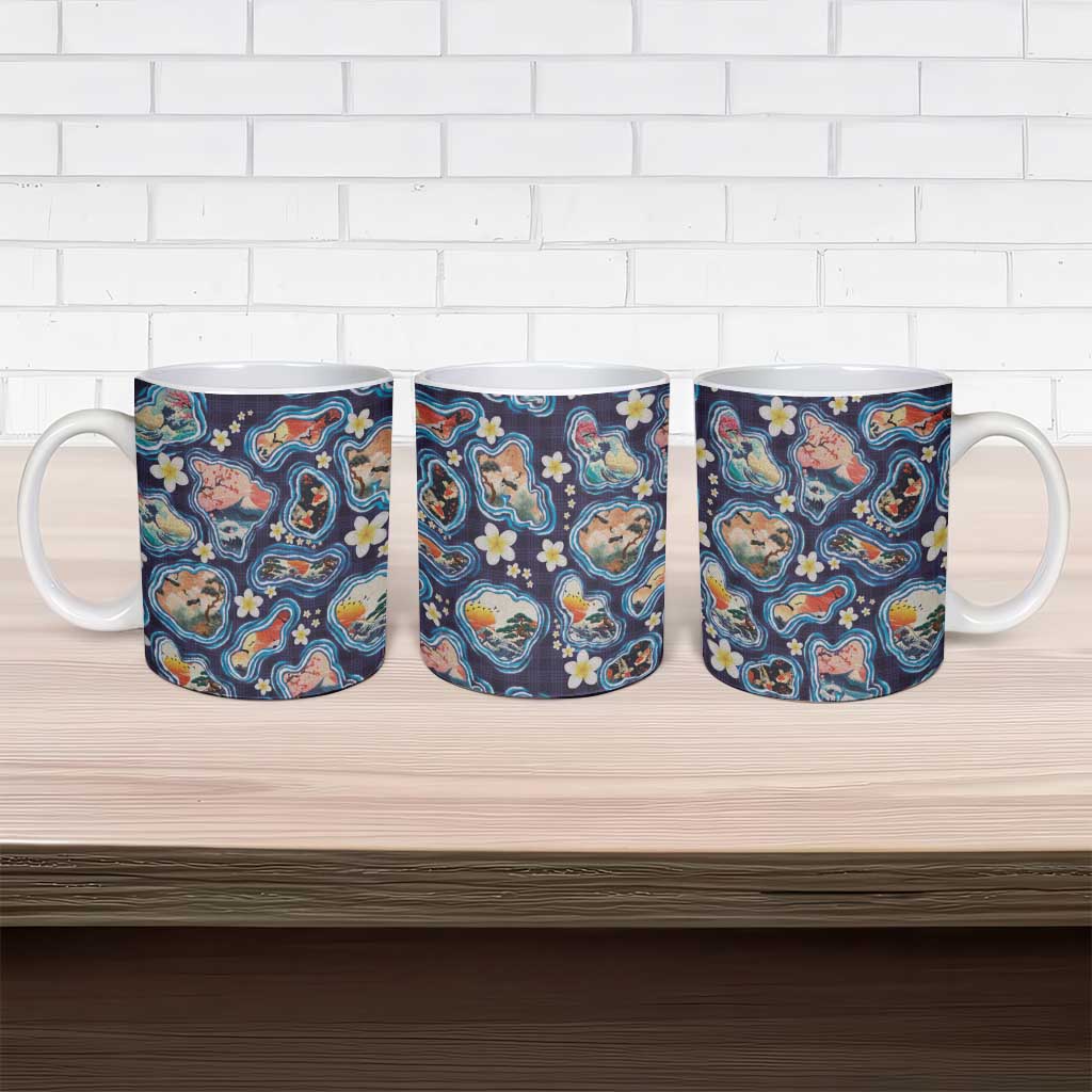 Hawaii Islands Map Design with Japanese Landscape Ceramic Mug Hawaiian Japan Fusion Art Navy Color