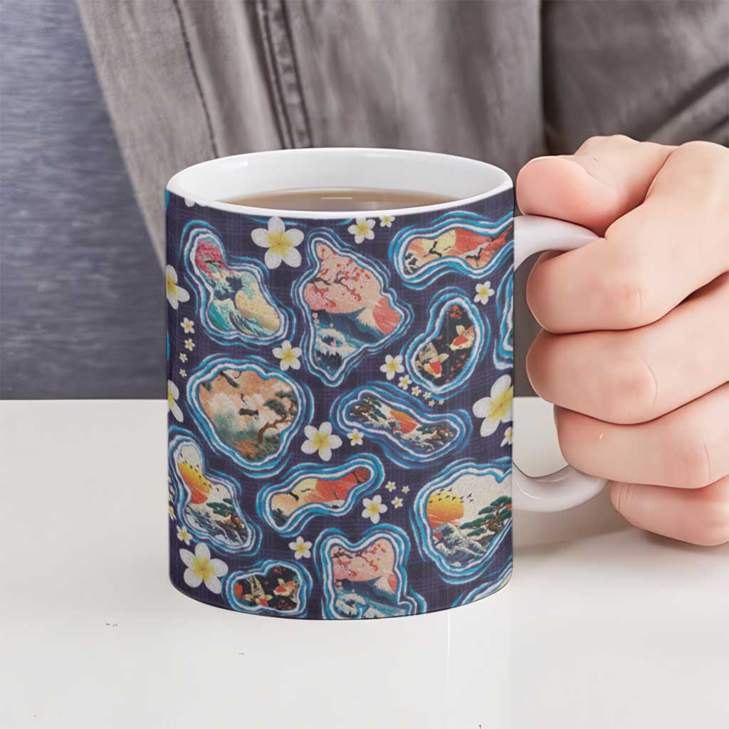 Hawaii Islands Map Design with Japanese Landscape Ceramic Mug Hawaiian Japan Fusion Art Navy Color