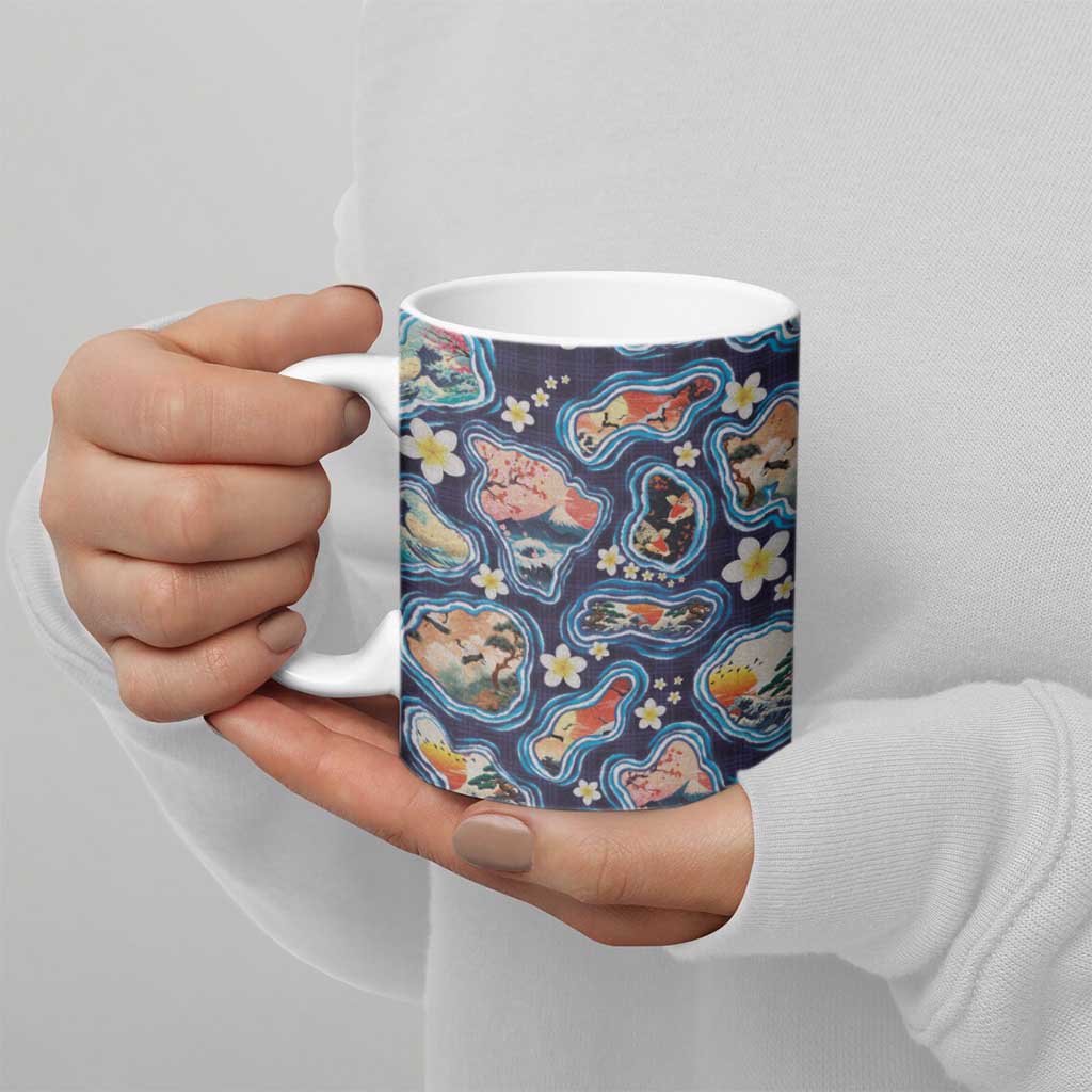 Hawaii Islands Map Design with Japanese Landscape Ceramic Mug Hawaiian Japan Fusion Art Navy Color