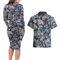 Hawaii Islands Map Design with Japanese Landscape Couples Matching Long Sleeve Bodycon Dress and Hawaiian Shirt Hawaiian Japan Fusion Art Navy Color LT03 - Polynesian Pride