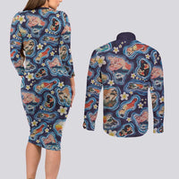 Hawaii Islands Map Design with Japanese Landscape Couples Matching Long Sleeve Bodycon Dress and Long Sleeve Button Shirt Hawaiian Japan Fusion Art Navy Color LT03 - Polynesian Pride