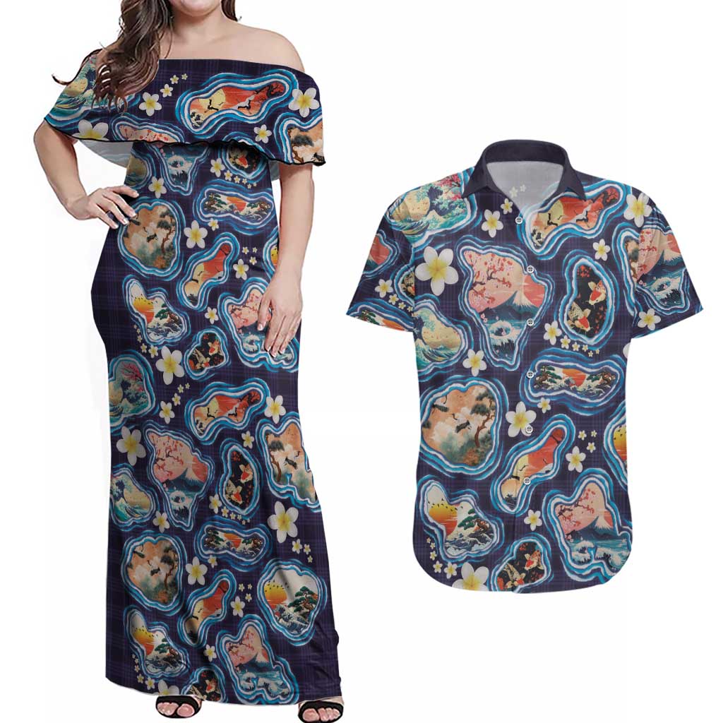 Hawaii Islands Map Design with Japanese Landscape Couples Matching Off Shoulder Maxi Dress and Hawaiian Shirt Hawaiian Japan Fusion Art Navy Color LT03 Navy - Polynesian Pride