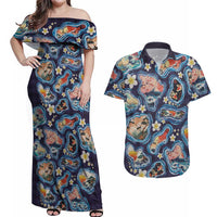 Hawaii Islands Map Design with Japanese Landscape Couples Matching Off Shoulder Maxi Dress and Hawaiian Shirt Hawaiian Japan Fusion Art Navy Color LT03 Navy - Polynesian Pride