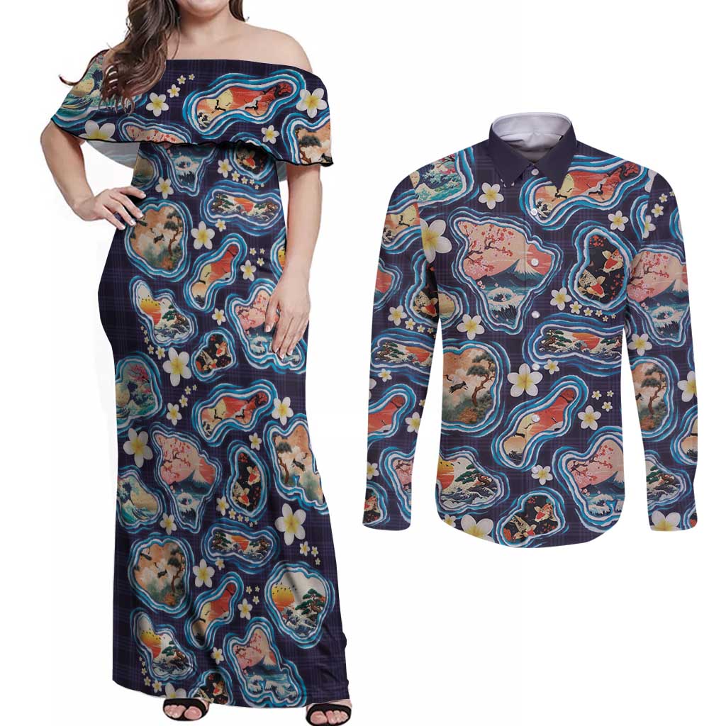 Hawaii Islands Map Design with Japanese Landscape Couples Matching Off Shoulder Maxi Dress and Long Sleeve Button Shirt Hawaiian Japan Fusion Art Navy Color