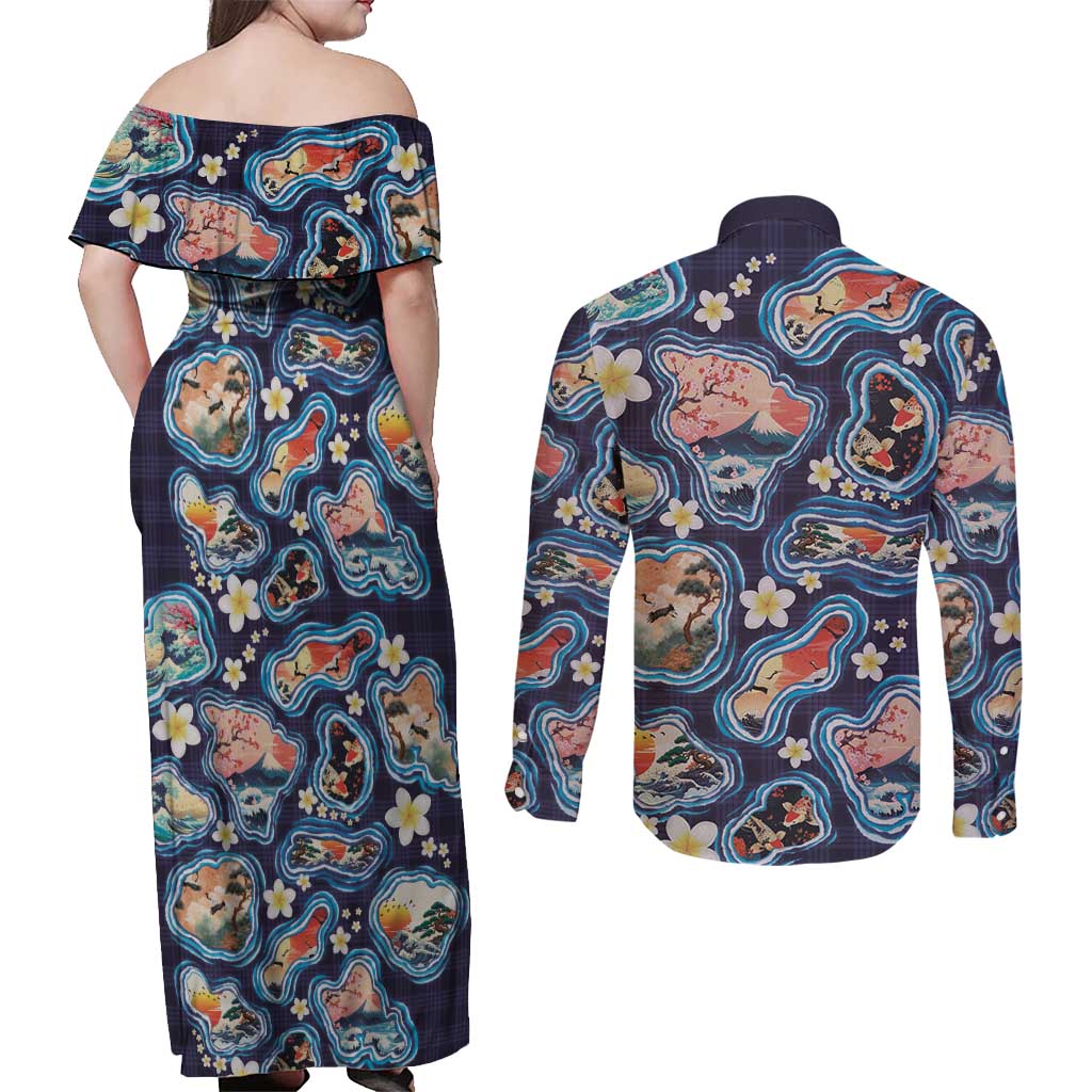 Hawaii Islands Map Design with Japanese Landscape Couples Matching Off Shoulder Maxi Dress and Long Sleeve Button Shirt Hawaiian Japan Fusion Art Navy Color LT03 - Polynesian Pride