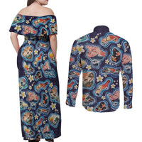 Hawaii Islands Map Design with Japanese Landscape Couples Matching Off Shoulder Maxi Dress and Long Sleeve Button Shirt Hawaiian Japan Fusion Art Navy Color LT03 - Polynesian Pride