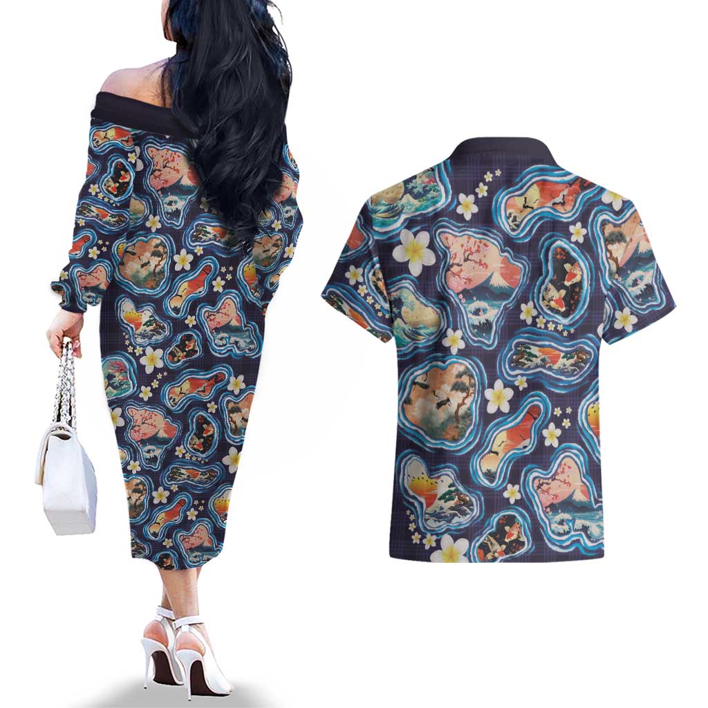 Hawaii Islands Map Design with Japanese Landscape Couples Matching Off The Shoulder Long Sleeve Dress and Hawaiian Shirt Hawaiian Japan Fusion Art Navy Color LT03 - Polynesian Pride