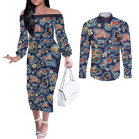 Hawaii Islands Map Design with Japanese Landscape Couples Matching Off The Shoulder Long Sleeve Dress and Long Sleeve Button Shirt Hawaiian Japan Fusion Art Navy Color LT03 Navy - Polynesian Pride