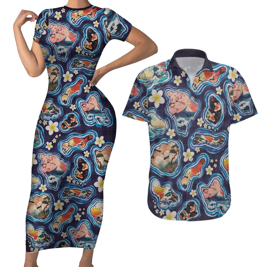 Hawaii Islands Map Design with Japanese Landscape Couples Matching Short Sleeve Bodycon Dress and Hawaiian Shirt Hawaiian Japan Fusion Art Navy Color LT03 Navy - Polynesian Pride