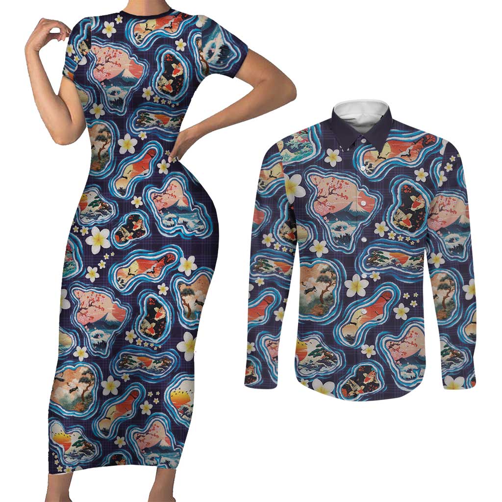 Hawaii Islands Map Design with Japanese Landscape Couples Matching Short Sleeve Bodycon Dress and Long Sleeve Button Shirt Hawaiian Japan Fusion Art Navy Color LT03 Navy - Polynesian Pride