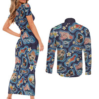 Hawaii Islands Map Design with Japanese Landscape Couples Matching Short Sleeve Bodycon Dress and Long Sleeve Button Shirt Hawaiian Japan Fusion Art Navy Color LT03 - Polynesian Pride