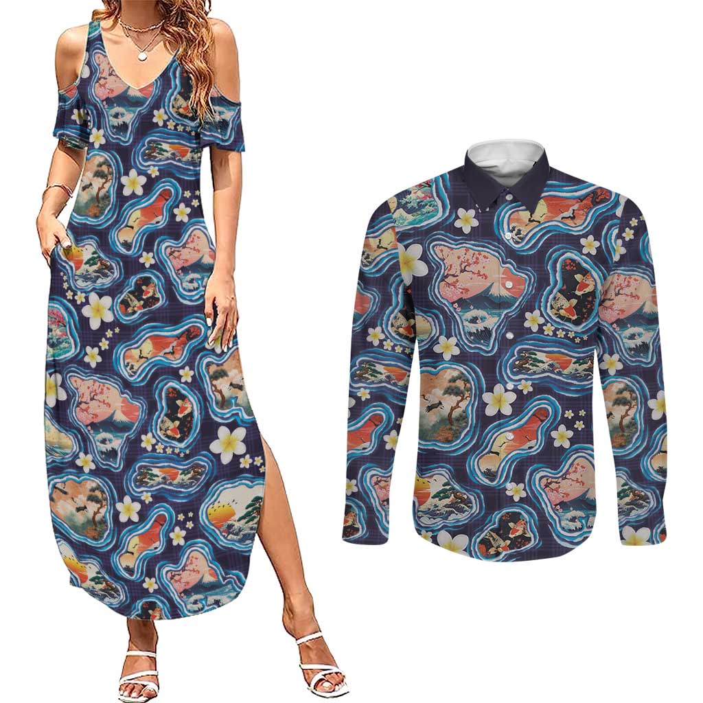 Hawaii Islands Map Design with Japanese Landscape Couples Matching Summer Maxi Dress and Long Sleeve Button Shirt Hawaiian Japan Fusion Art Navy Color LT03 Navy - Polynesian Pride