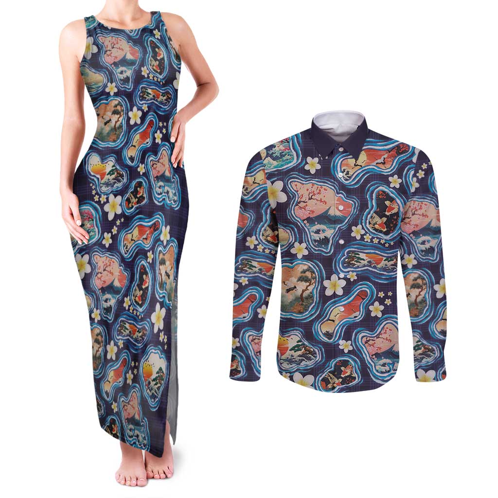 Hawaii Islands Map Design with Japanese Landscape Couples Matching Tank Maxi Dress and Long Sleeve Button Shirt Hawaiian Japan Fusion Art Navy Color