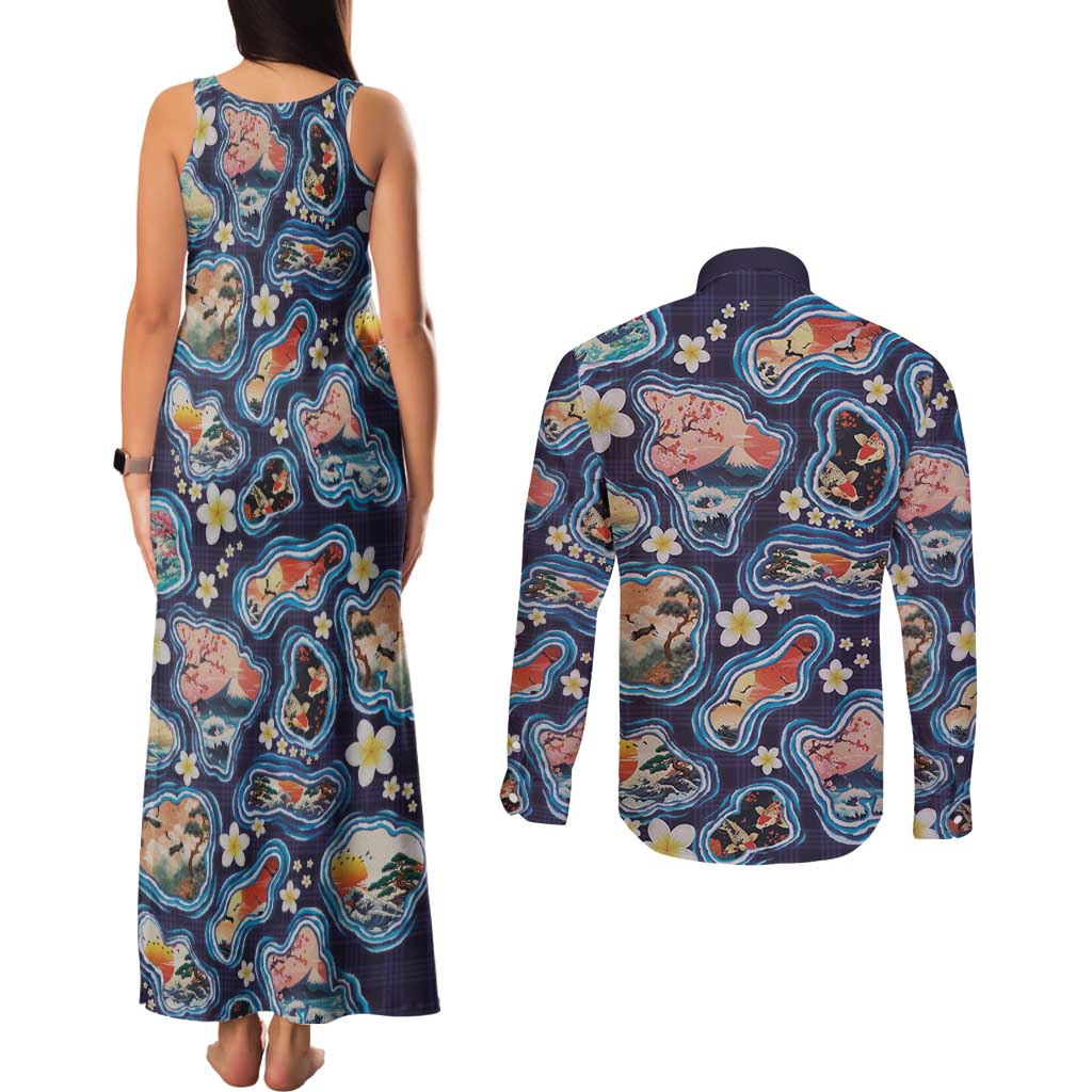 Hawaii Islands Map Design with Japanese Landscape Couples Matching Tank Maxi Dress and Long Sleeve Button Shirt Hawaiian Japan Fusion Art Navy Color LT03 - Polynesian Pride