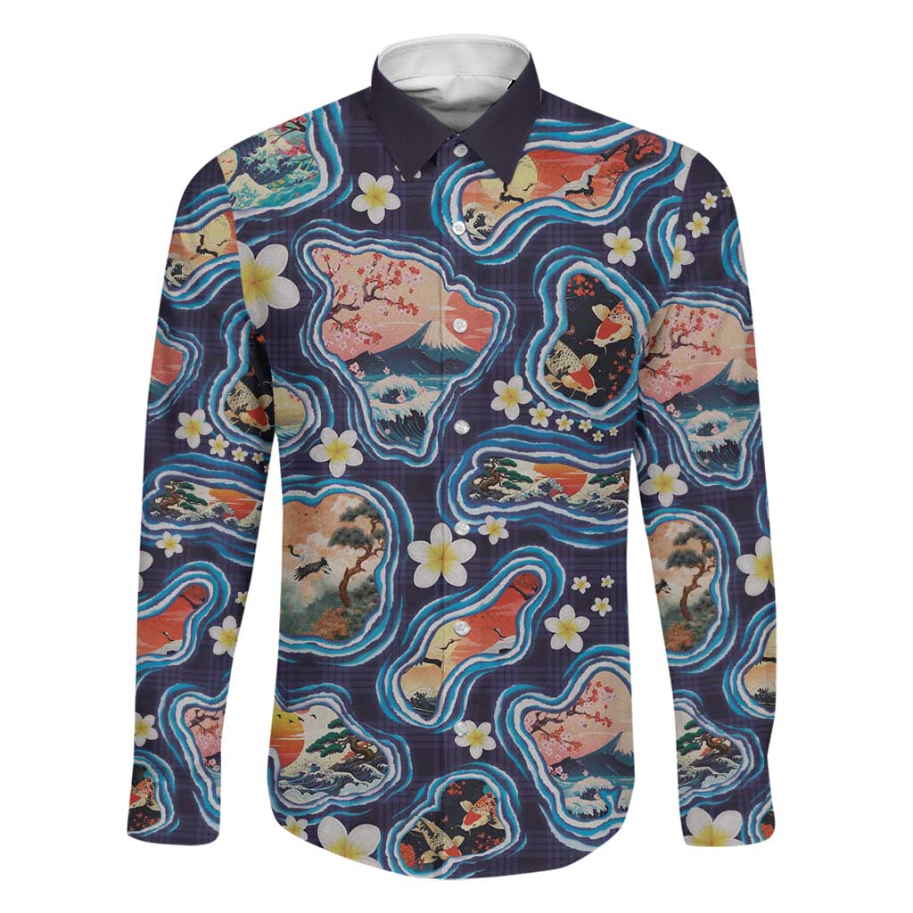 Hawaii Islands Map Design with Japanese Landscape Family Matching Mermaid Dress and Hawaiian Shirt Hawaiian Japan Fusion Art Navy Color LT03 Dad's Shirt - Long Sleeve Navy - Polynesian Pride
