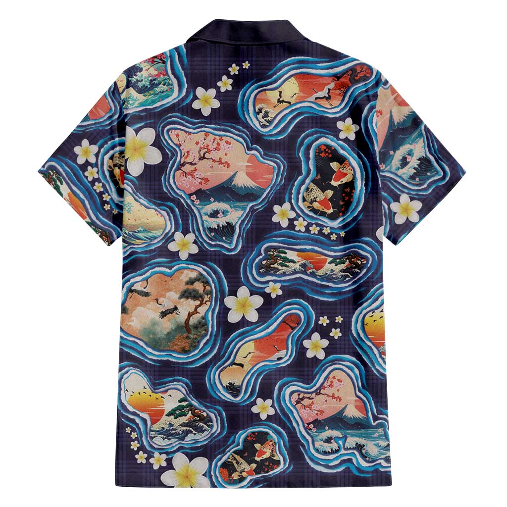 Hawaii Islands Map Design with Japanese Landscape Family Matching Off The Shoulder Long Sleeve Dress and Hawaiian Shirt Hawaiian Japan Fusion Art Navy Color LT03 - Polynesian Pride