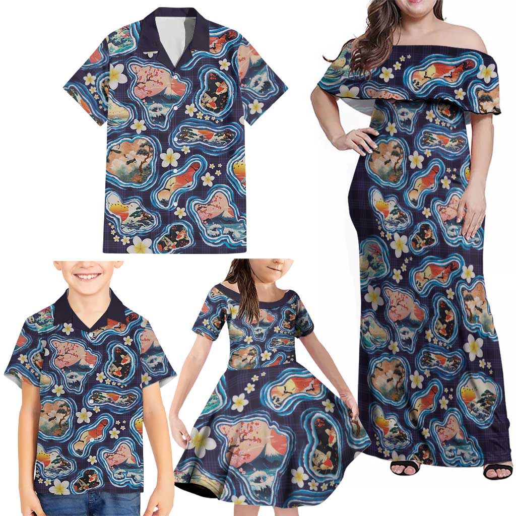 Hawaii Islands Map Design with Japanese Landscape Family Matching Off Shoulder Maxi Dress and Hawaiian Shirt Hawaiian Japan Fusion Art Navy Color LT03 - Polynesian Pride