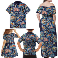 Hawaii Islands Map Design with Japanese Landscape Family Matching Off Shoulder Maxi Dress and Hawaiian Shirt Hawaiian Japan Fusion Art Navy Color LT03 - Polynesian Pride