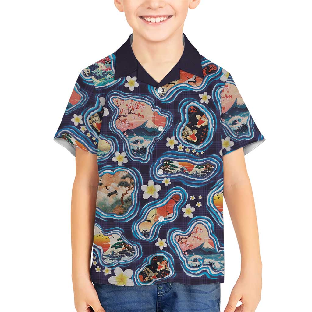 Hawaii Islands Map Design with Japanese Landscape Family Matching Off Shoulder Maxi Dress and Hawaiian Shirt Hawaiian Japan Fusion Art Navy Color LT03 Son's Shirt Navy - Polynesian Pride
