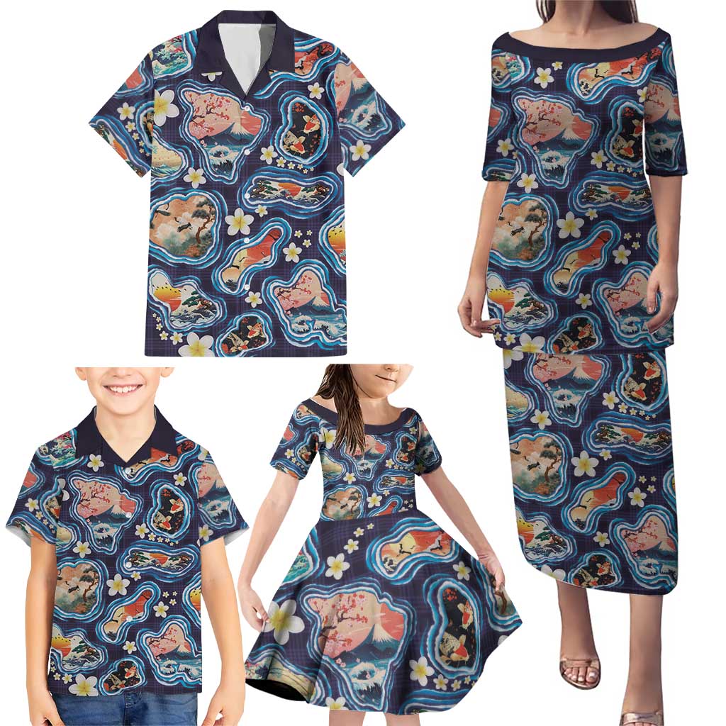 Hawaii Islands Map Design with Japanese Landscape Family Matching Puletasi and Hawaiian Shirt Hawaiian Japan Fusion Art Navy Color LT03 - Polynesian Pride