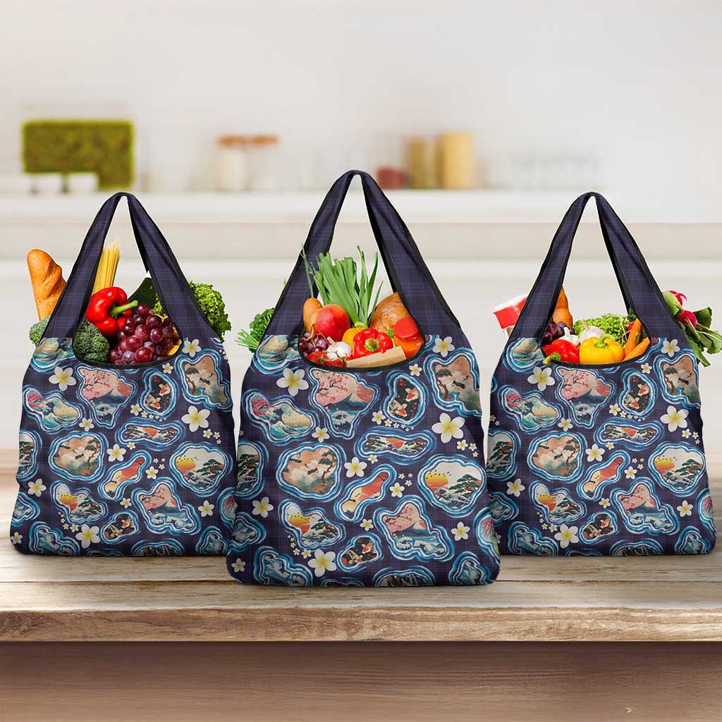 Hawaii Islands Map Design with Japanese Landscape Grocery Bag Hawaiian Japan Fusion Art Navy Color