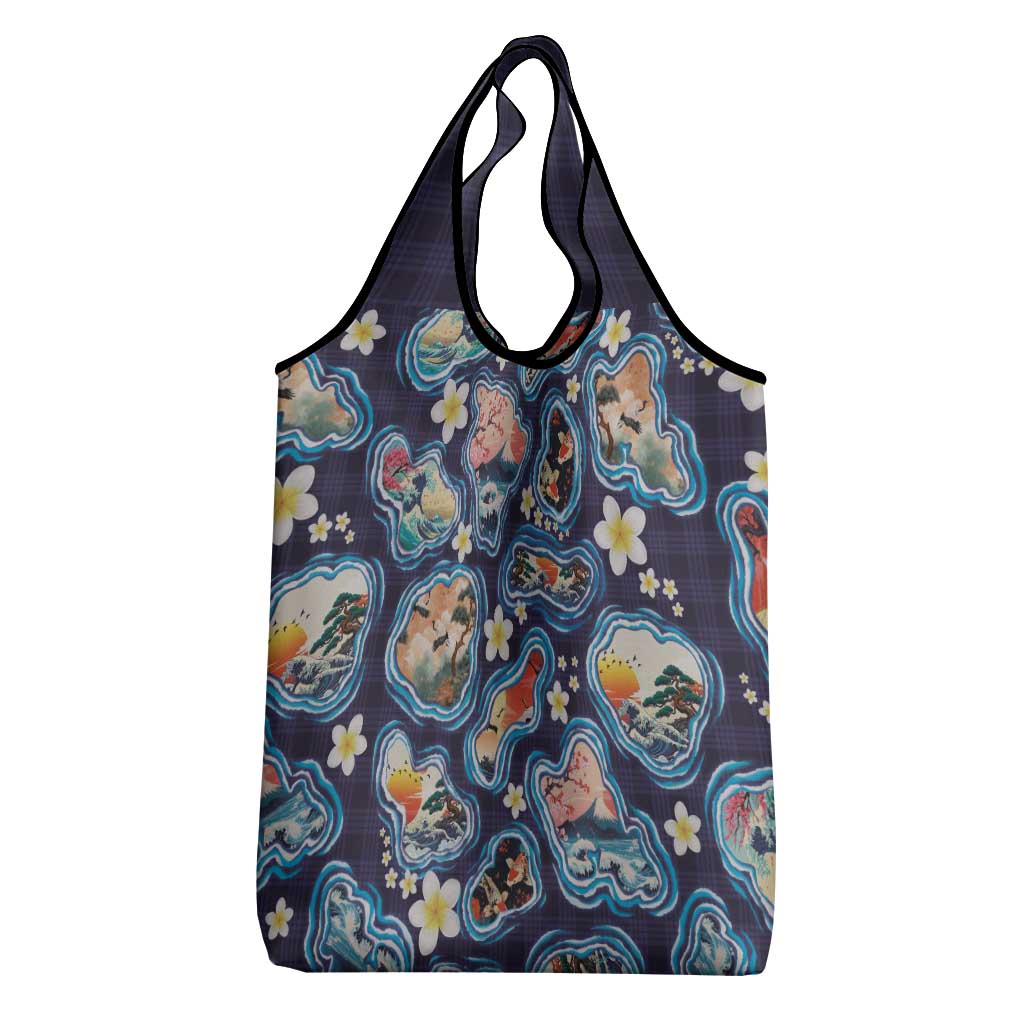 Hawaii Islands Map Design with Japanese Landscape Grocery Bag Hawaiian Japan Fusion Art Navy Color