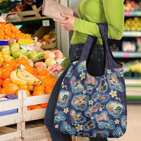 Hawaii Islands Map Design with Japanese Landscape Grocery Bag Hawaiian Japan Fusion Art Navy Color