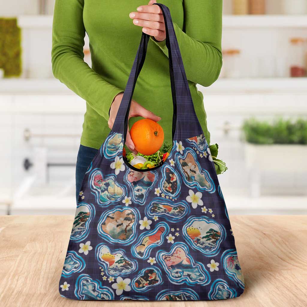 Hawaii Islands Map Design with Japanese Landscape Grocery Bag Hawaiian Japan Fusion Art Navy Color