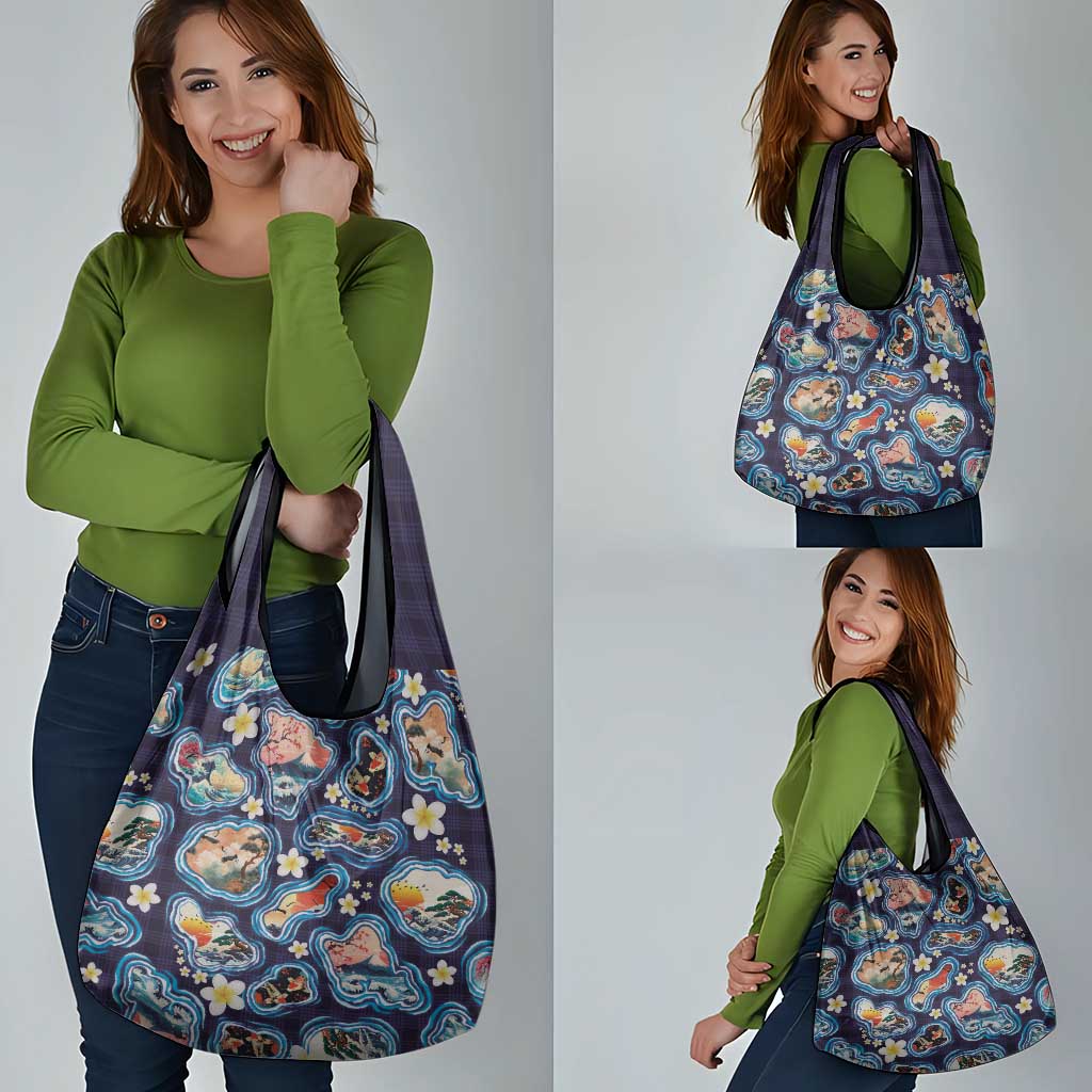 Hawaii Islands Map Design with Japanese Landscape Grocery Bag Hawaiian Japan Fusion Art Navy Color