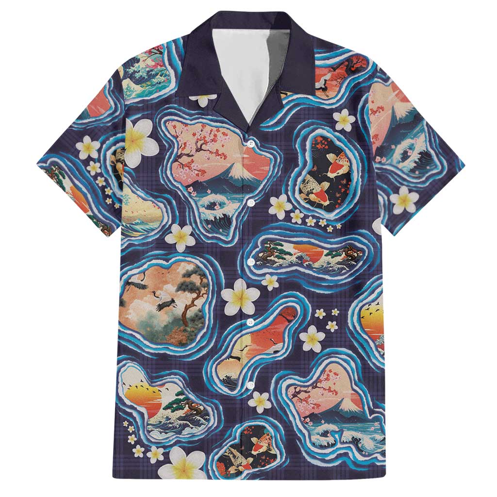 Hawaii Islands Map Design with Japanese Landscape Hawaiian Shirt Hawaiian Japan Fusion Art Navy Color