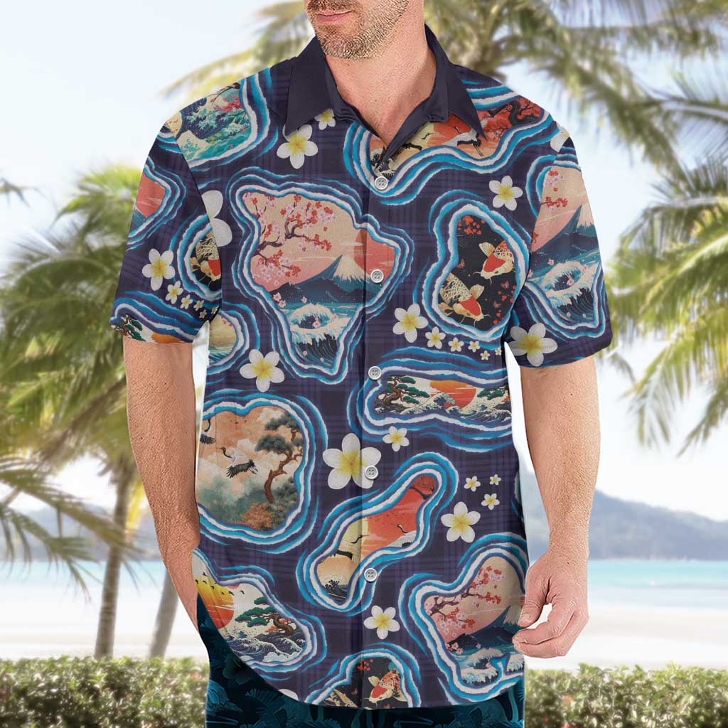 Hawaii Islands Map Design with Japanese Landscape Hawaiian Shirt Hawaiian Japan Fusion Art Navy Color