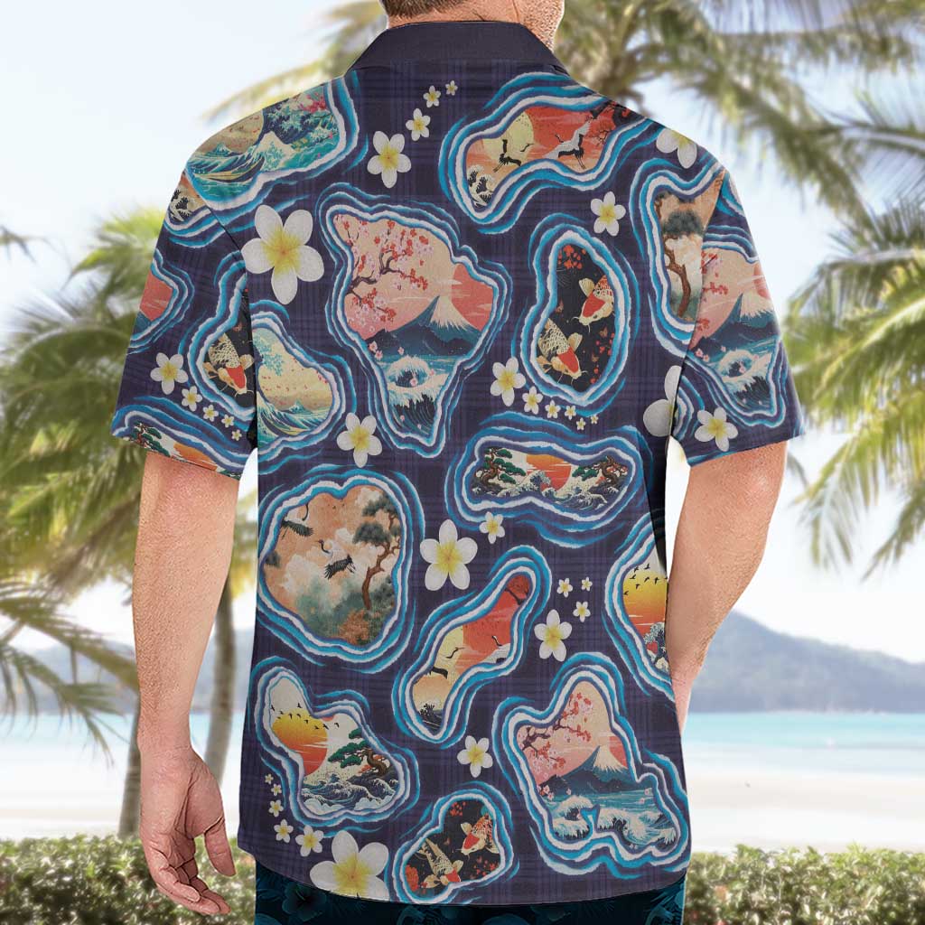 Hawaii Islands Map Design with Japanese Landscape Hawaiian Shirt Hawaiian Japan Fusion Art Navy Color