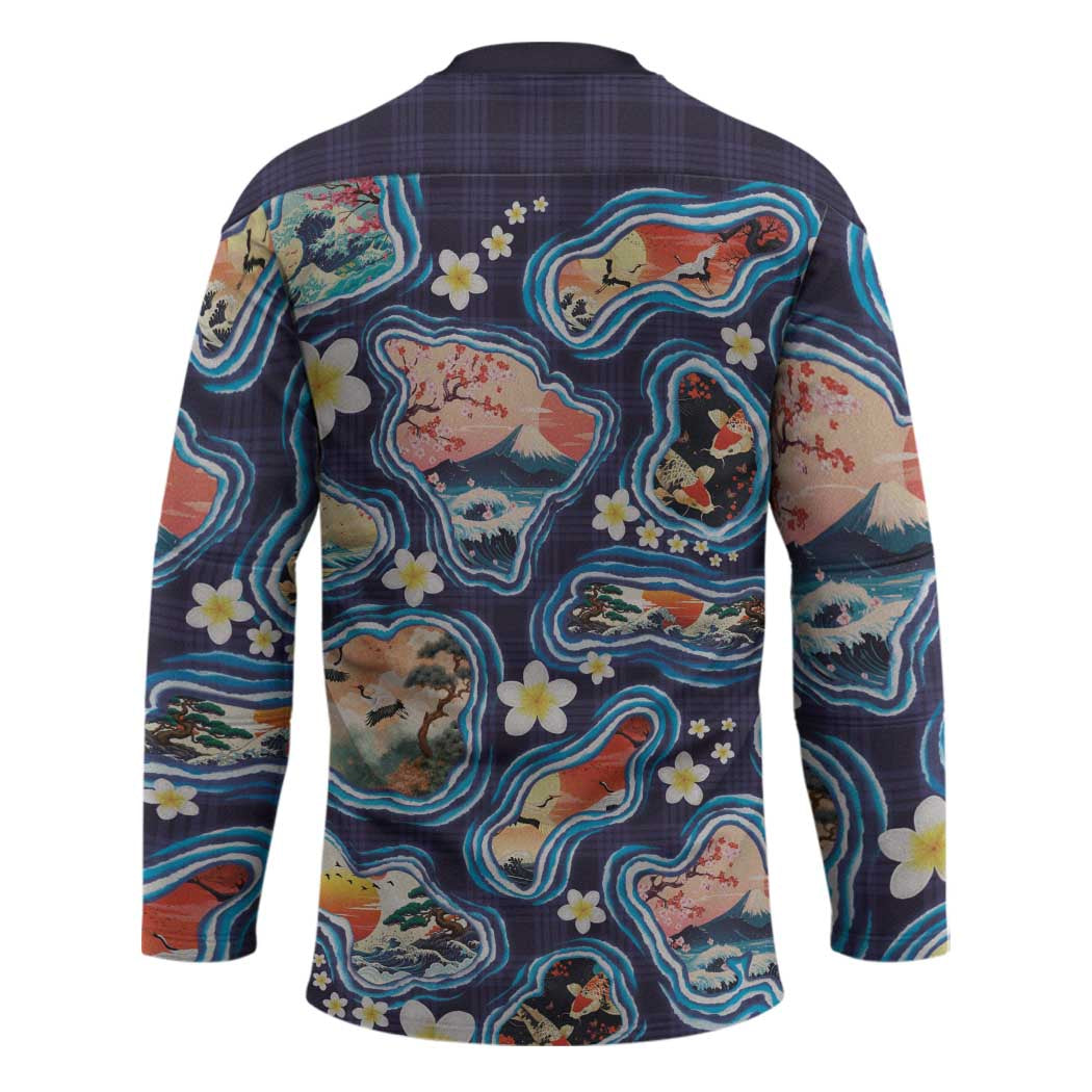 Hawaii Islands Map Design with Japanese Landscape Hockey Jersey Hawaiian Japan Fusion Art Navy Color