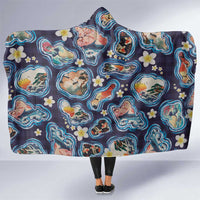 Hawaii Islands Map Design with Japanese Landscape Hooded Blanket Hawaiian Japan Fusion Art Navy Color