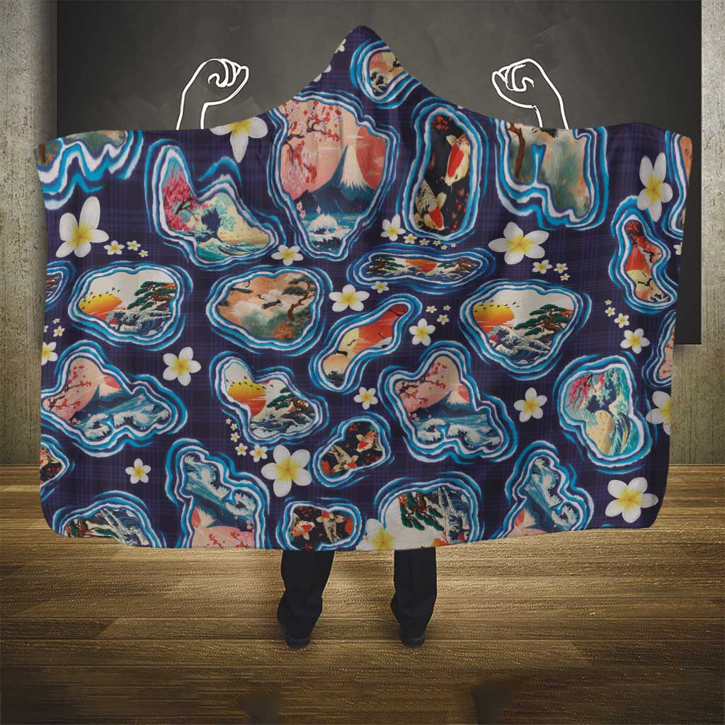 Hawaii Islands Map Design with Japanese Landscape Hooded Blanket Hawaiian Japan Fusion Art Navy Color