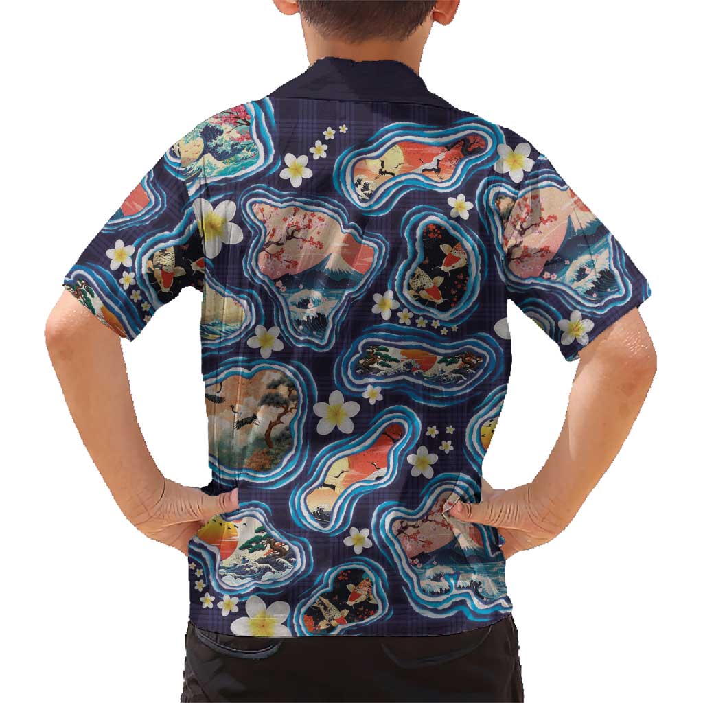 Hawaii Islands Map Design with Japanese Landscape Kid Hawaiian Shirt Hawaiian Japan Fusion Art Navy Color