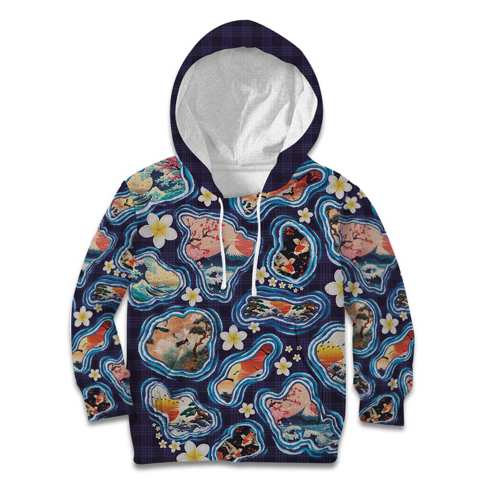 Hawaii Islands Map Design with Japanese Landscape Kid Hoodie Hawaiian Japan Fusion Art Navy Color