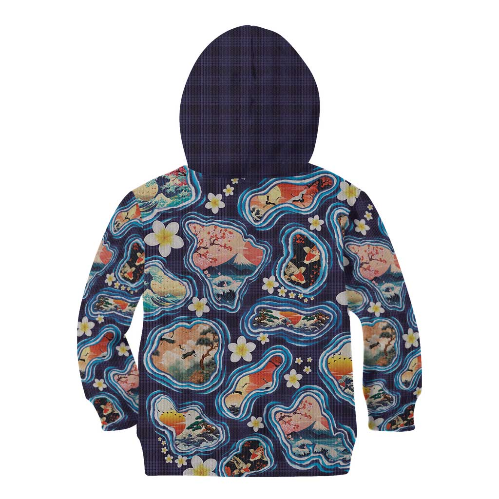 Hawaii Islands Map Design with Japanese Landscape Kid Hoodie Hawaiian Japan Fusion Art Navy Color