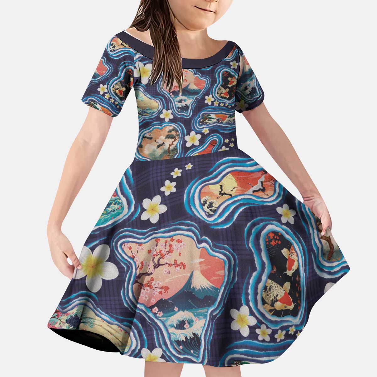 Hawaii Islands Map Design with Japanese Landscape Kid Short Sleeve Dress Hawaiian Japan Fusion Art Navy Color LT03 KID Navy - Polynesian Pride