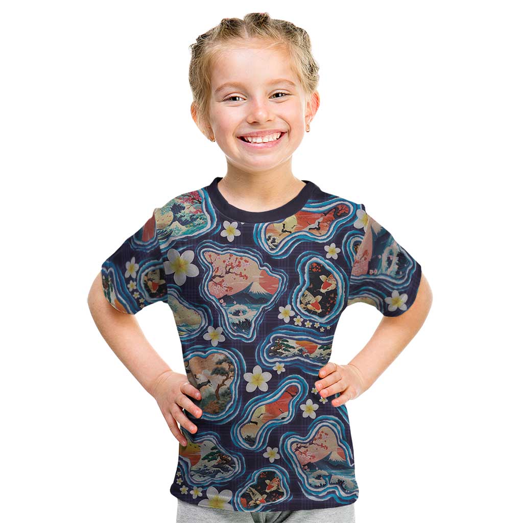Hawaii Islands Map Design with Japanese Landscape Kid T Shirt Hawaiian Japan Fusion Art Navy Color