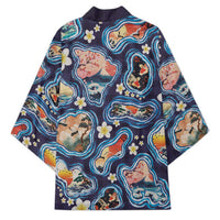 Hawaii Islands Map Design with Japanese Landscape Kimono Hawaiian Japan Fusion Art Navy Color